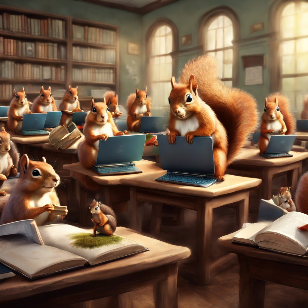 AI generated orange squirells in a library or classroom sitting on desks with their laptops. The light shines through high, curved windows on the right.