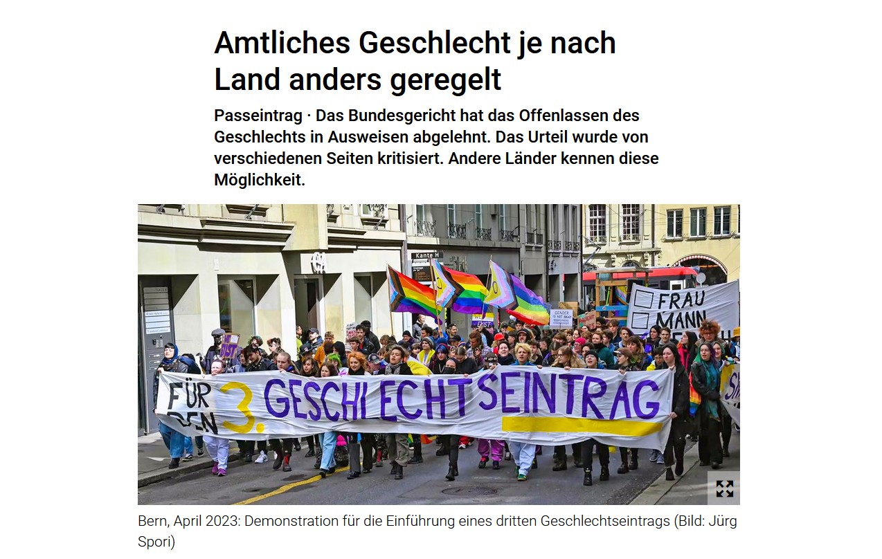 Screenshot Artikel "Amtliches Geschlecht je nach Land anders geregelt"